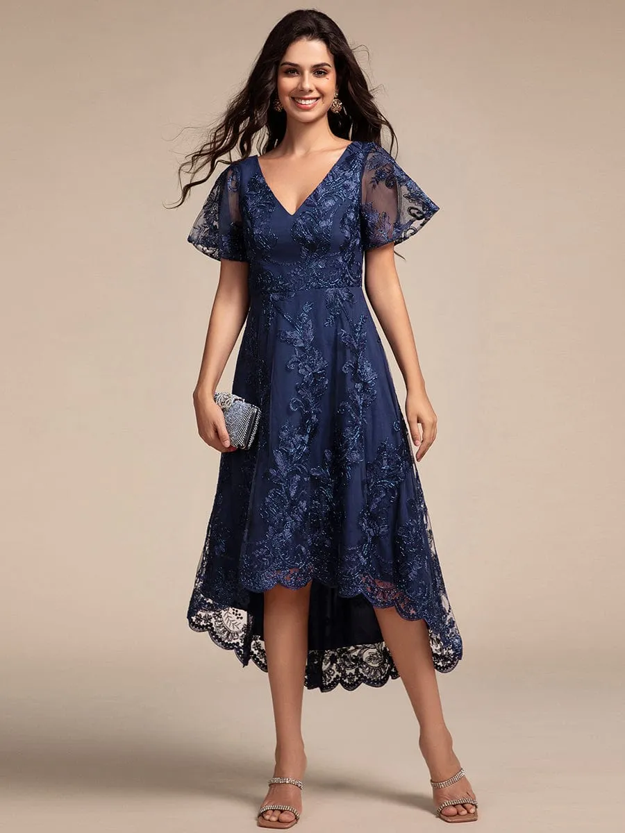 Embroidered Mesh Double V-Neck Short Sleeves Midi Wedding Guest Dress