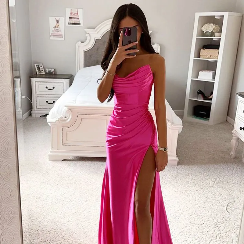 Fabulous Ruched Satin Silky Homecoming Prom Dress With Slit