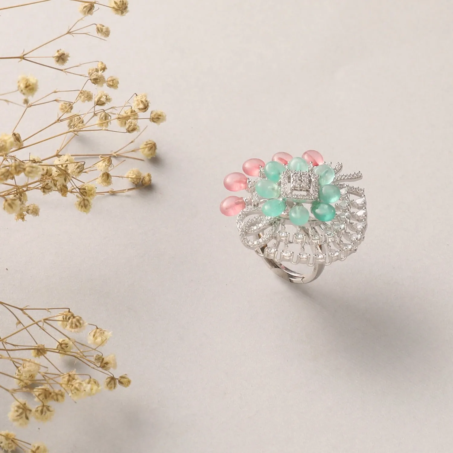 Floral Fantasy Cocktail CZ Silver Finger Ring