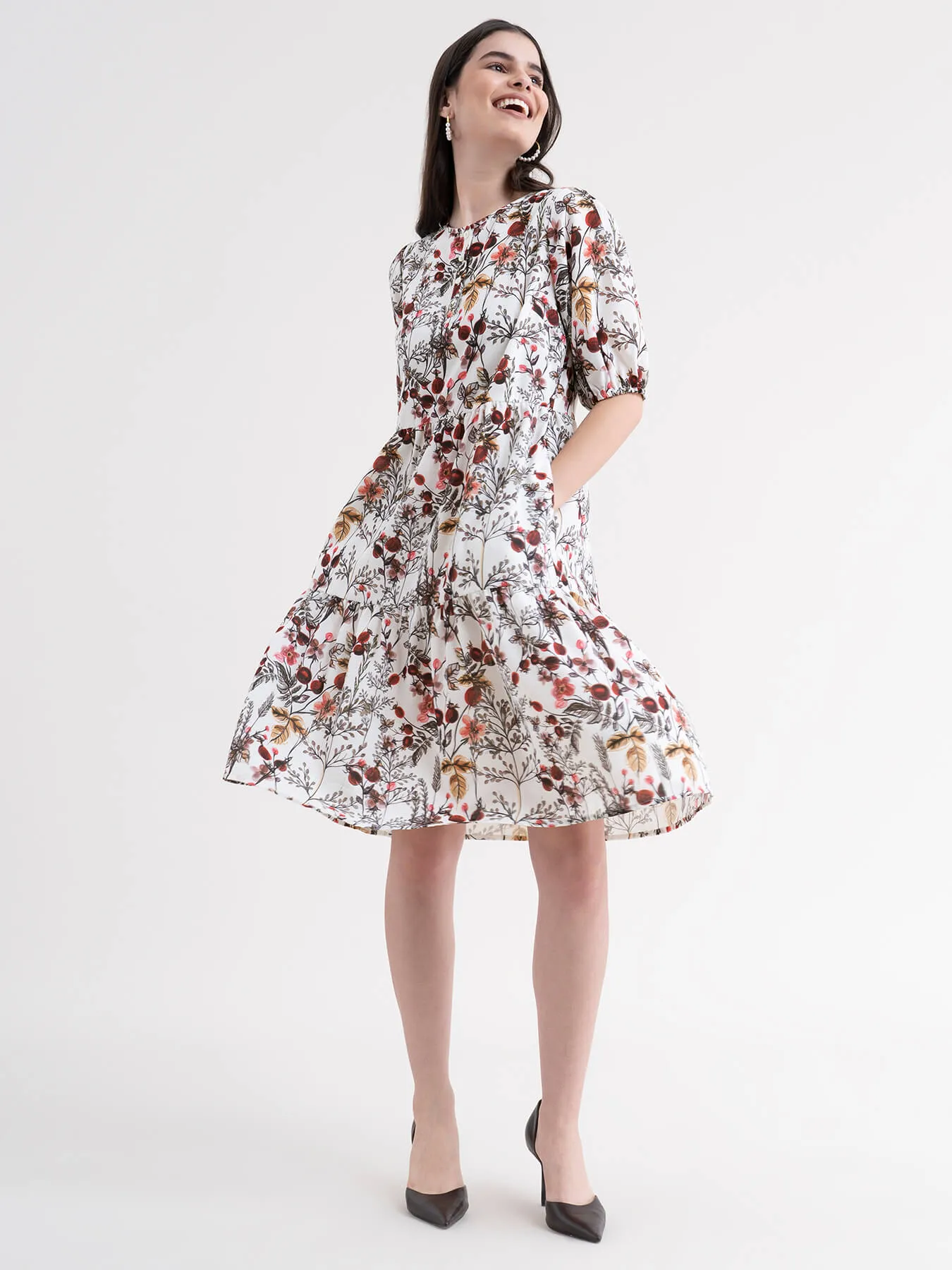 Floral Tiered Dress - White And Red