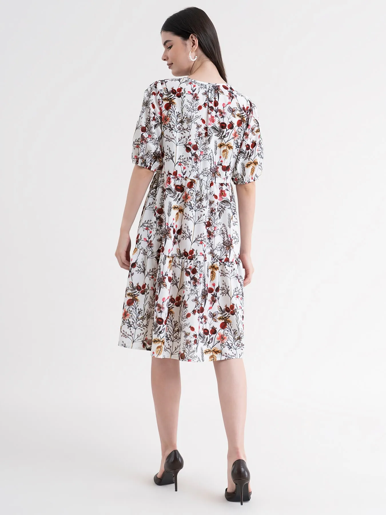 Floral Tiered Dress - White And Red