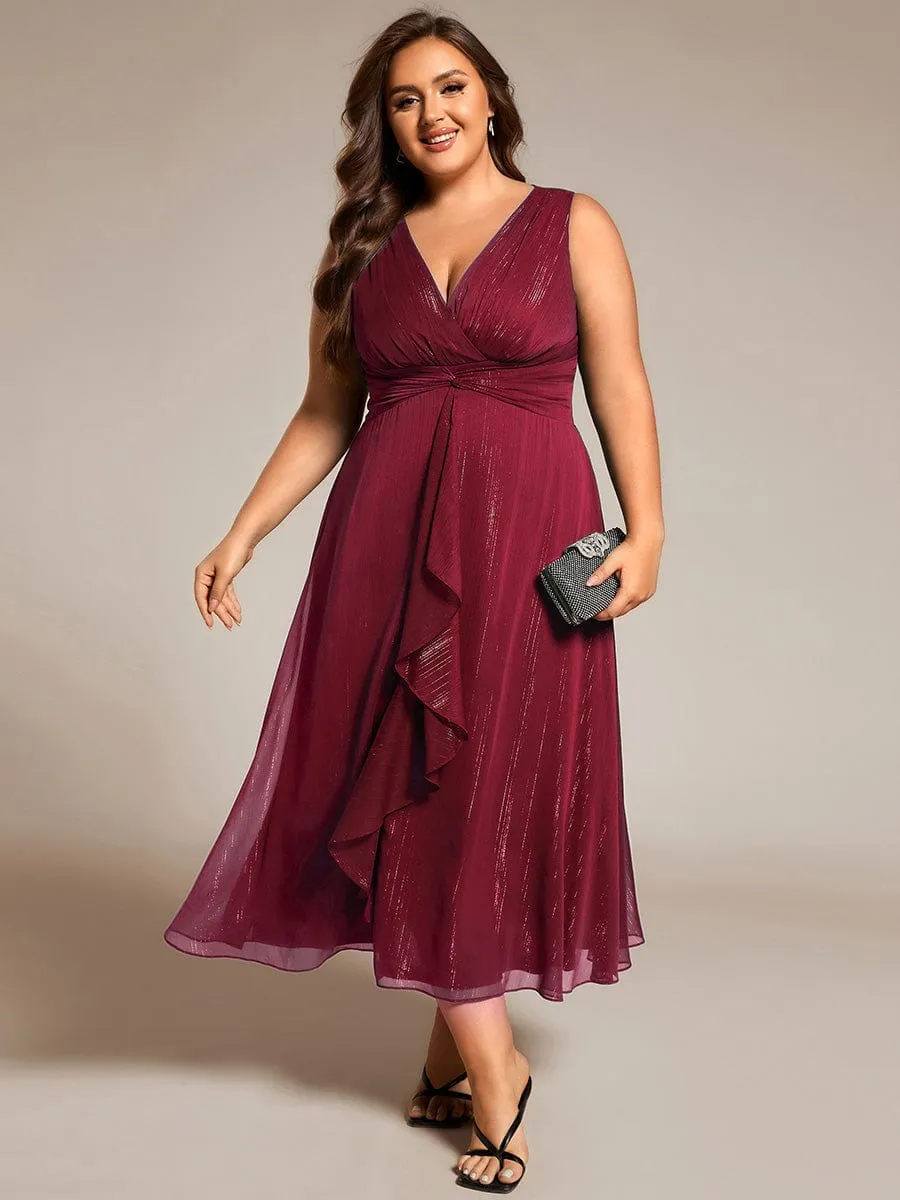 Glitter Sleeveless A-Line Midi Wedding Guest Dress with Ruffled Hem