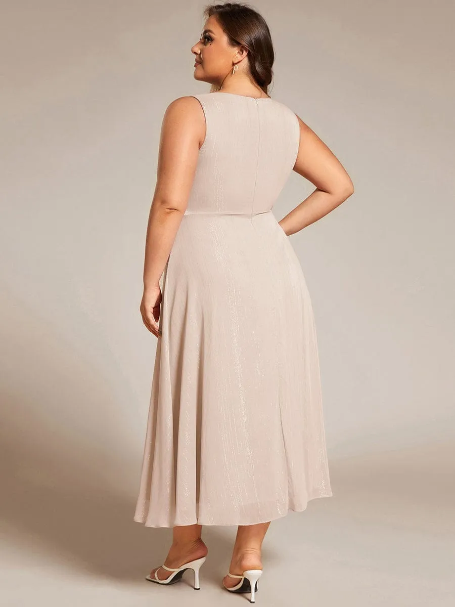 Glitter Sleeveless A-Line Midi Wedding Guest Dress with Ruffled Hem