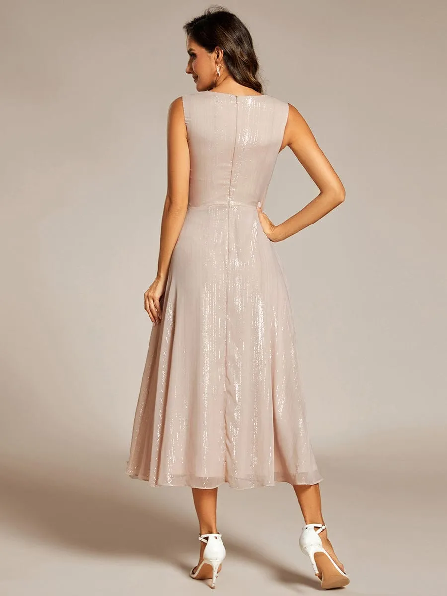 Glitter Sleeveless A-Line Midi Wedding Guest Dress with Ruffled Hem