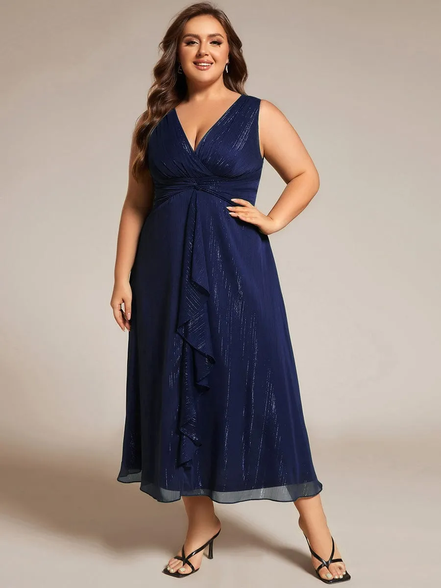 Glitter Sleeveless A-Line Midi Wedding Guest Dress with Ruffled Hem