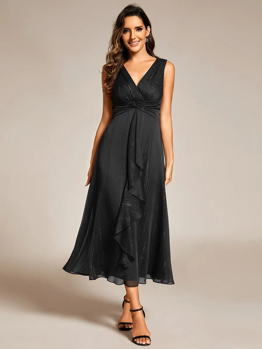 Glitter Sleeveless A-Line Midi Wedding Guest Dress with Ruffled Hem