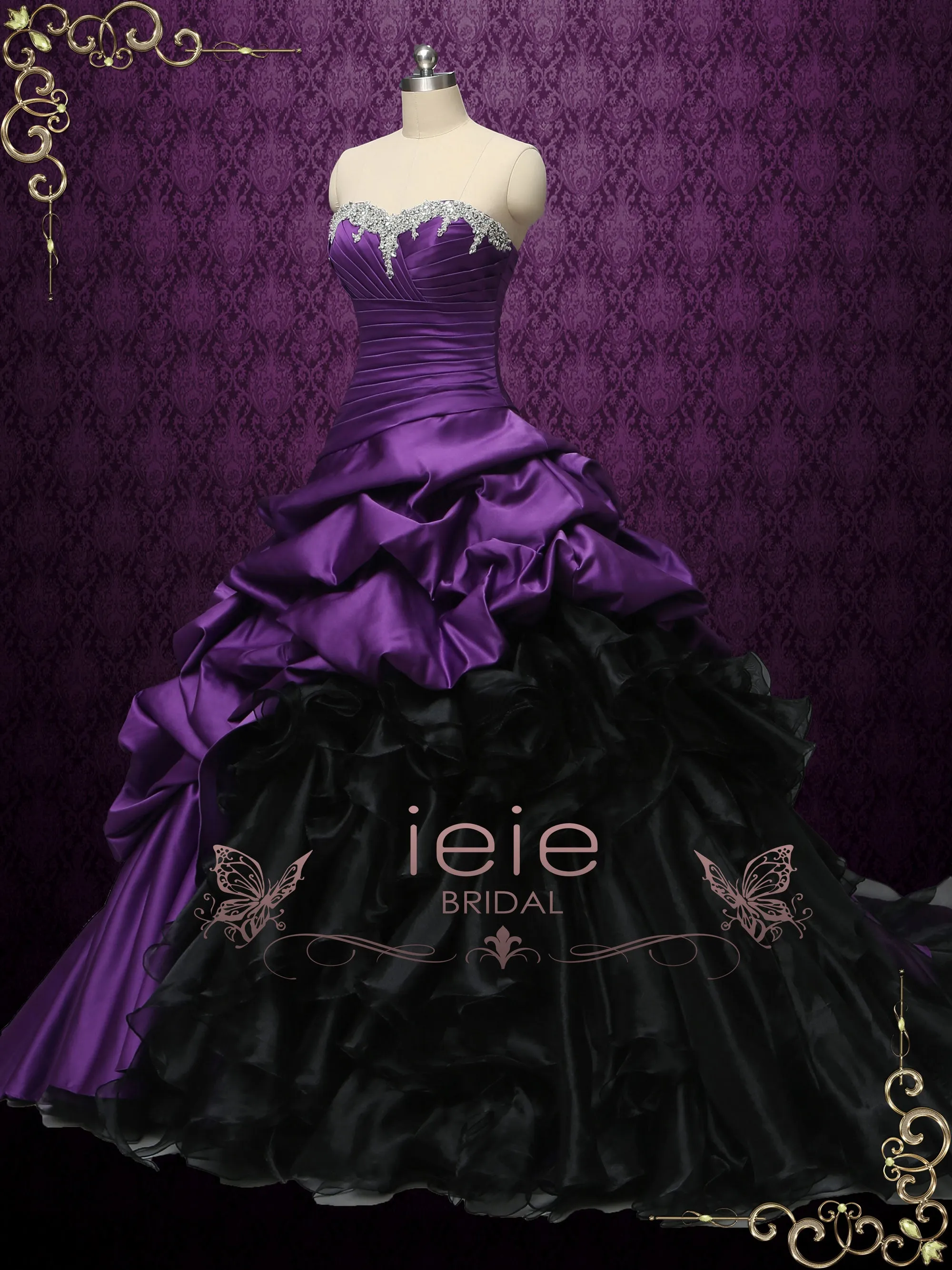 Gothic Purple and Black Strapless Wedding Dress CONSTANCE