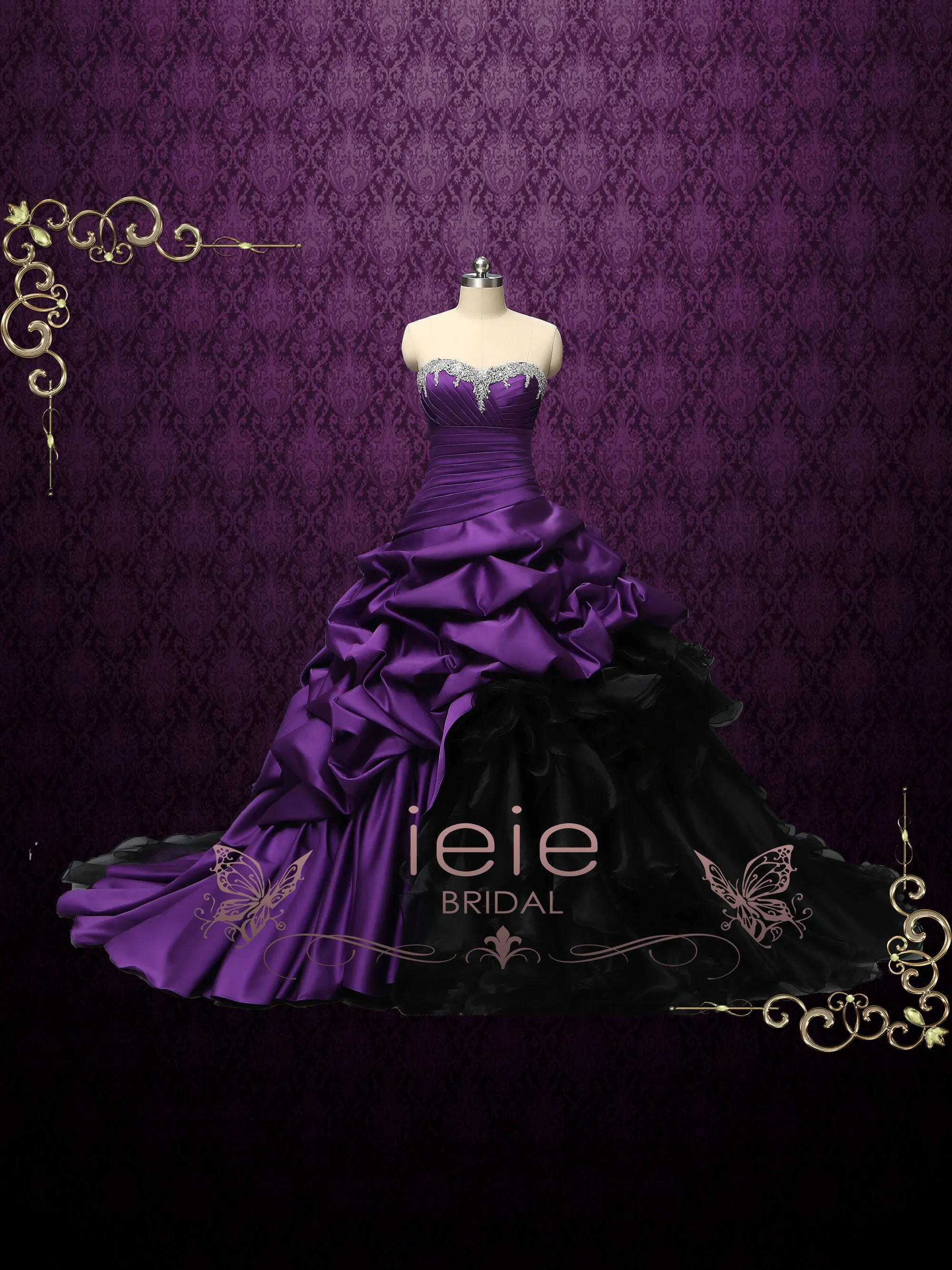 Gothic Purple and Black Strapless Wedding Dress CONSTANCE