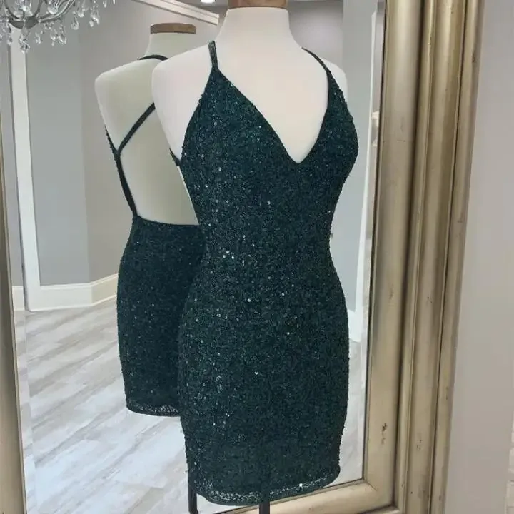 Halter Sequin Sheath Dark Green Homecoming Dress SA1685