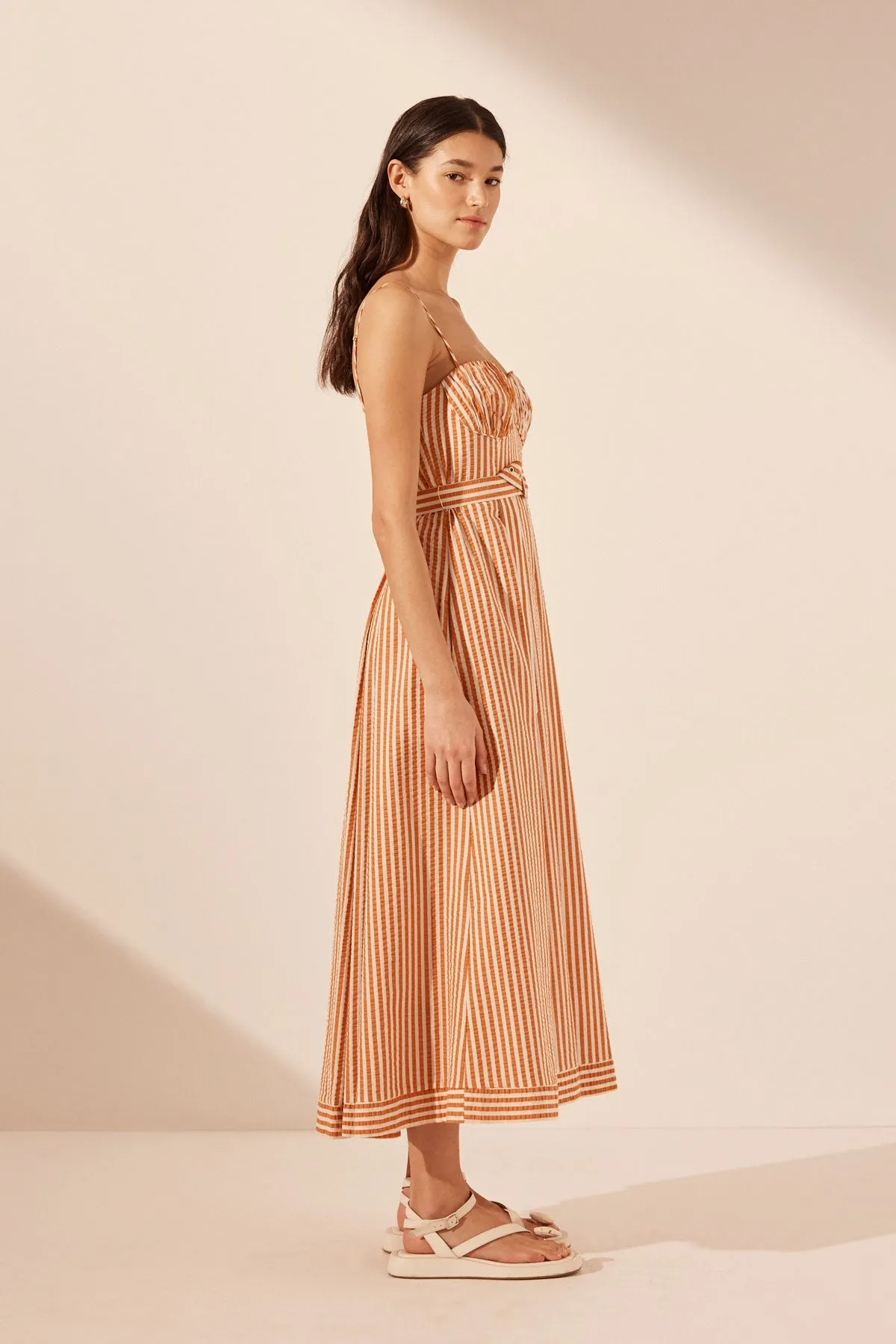 HELE RUCHED PANELLED MIDI DRESS - COCONUT / TANGERINE