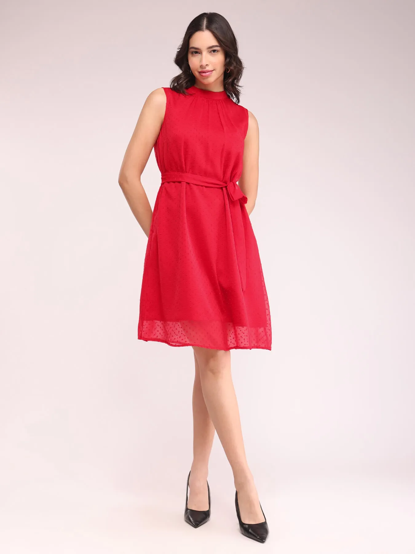 High Neck A-line Dress - Red