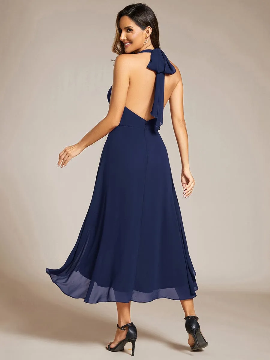 Lace-up Halterneck Backless High Low Wedding Guest Dress in Chiffon