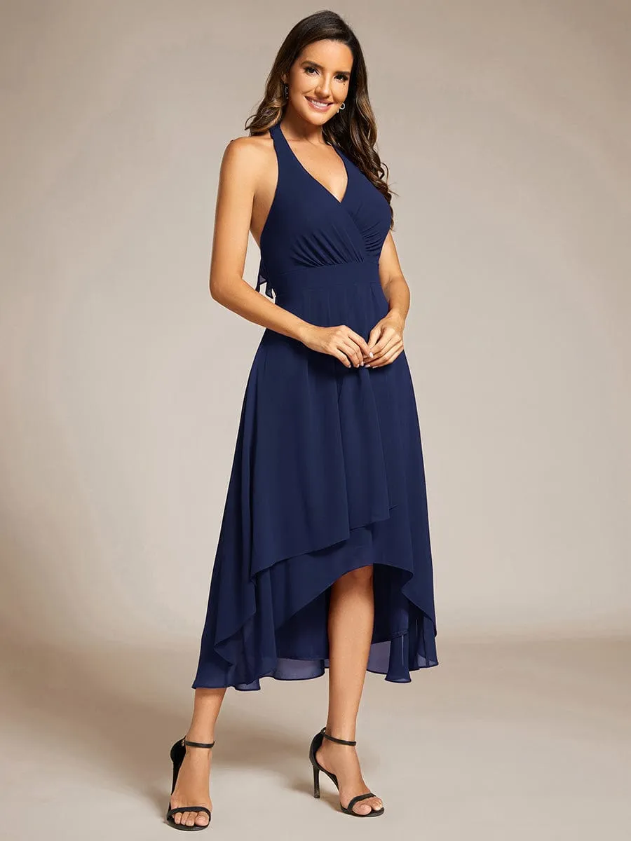 Lace-up Halterneck Backless High Low Wedding Guest Dress in Chiffon