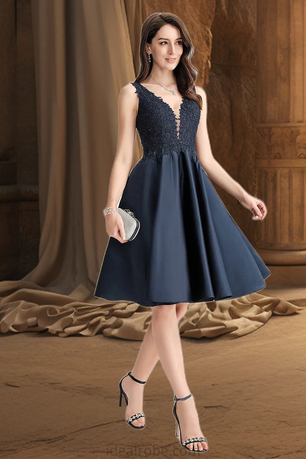 Marlie A-line V-Neck Knee-Length Lace Satin Homecoming Dress With Beading STKP0020517