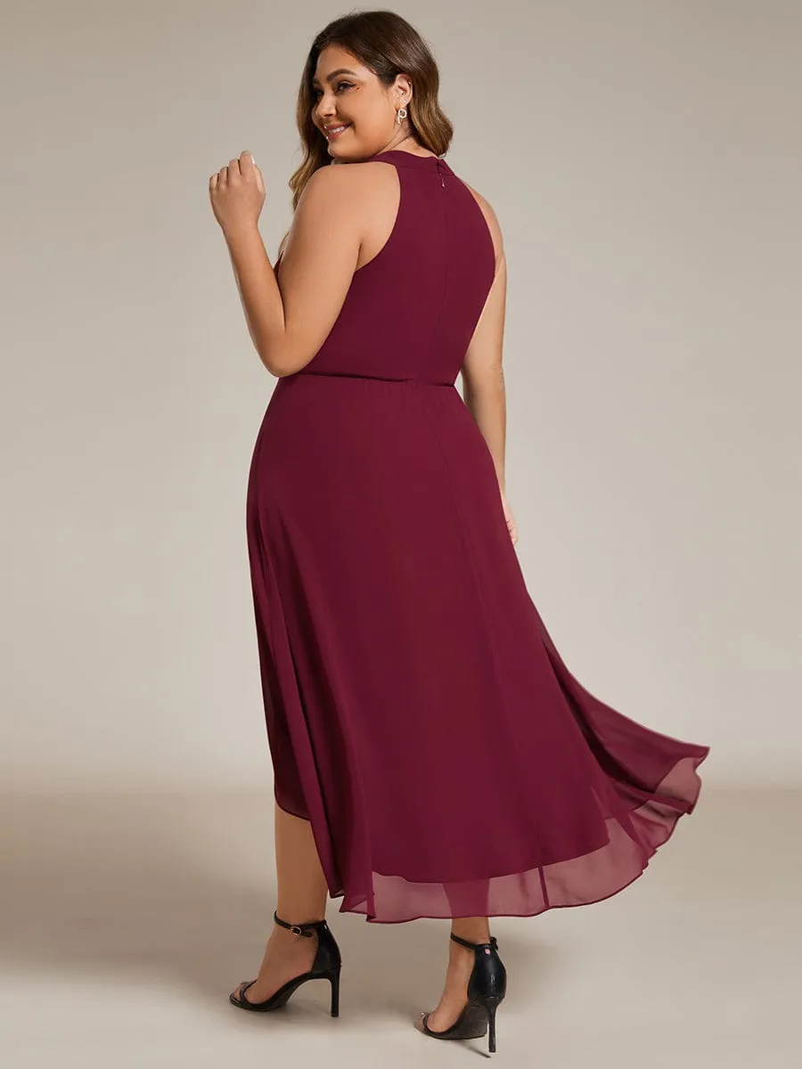 Midi Halter Neck Chiffon Wedding Guest Dress with Sleeveless and A-Line