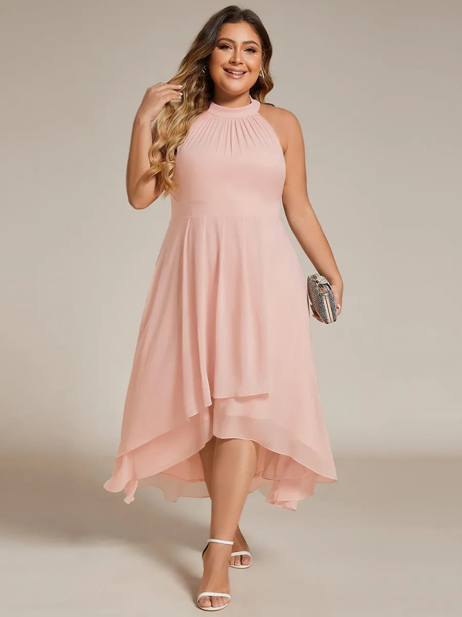 Midi Halter Neck Chiffon Wedding Guest Dress with Sleeveless and A-Line