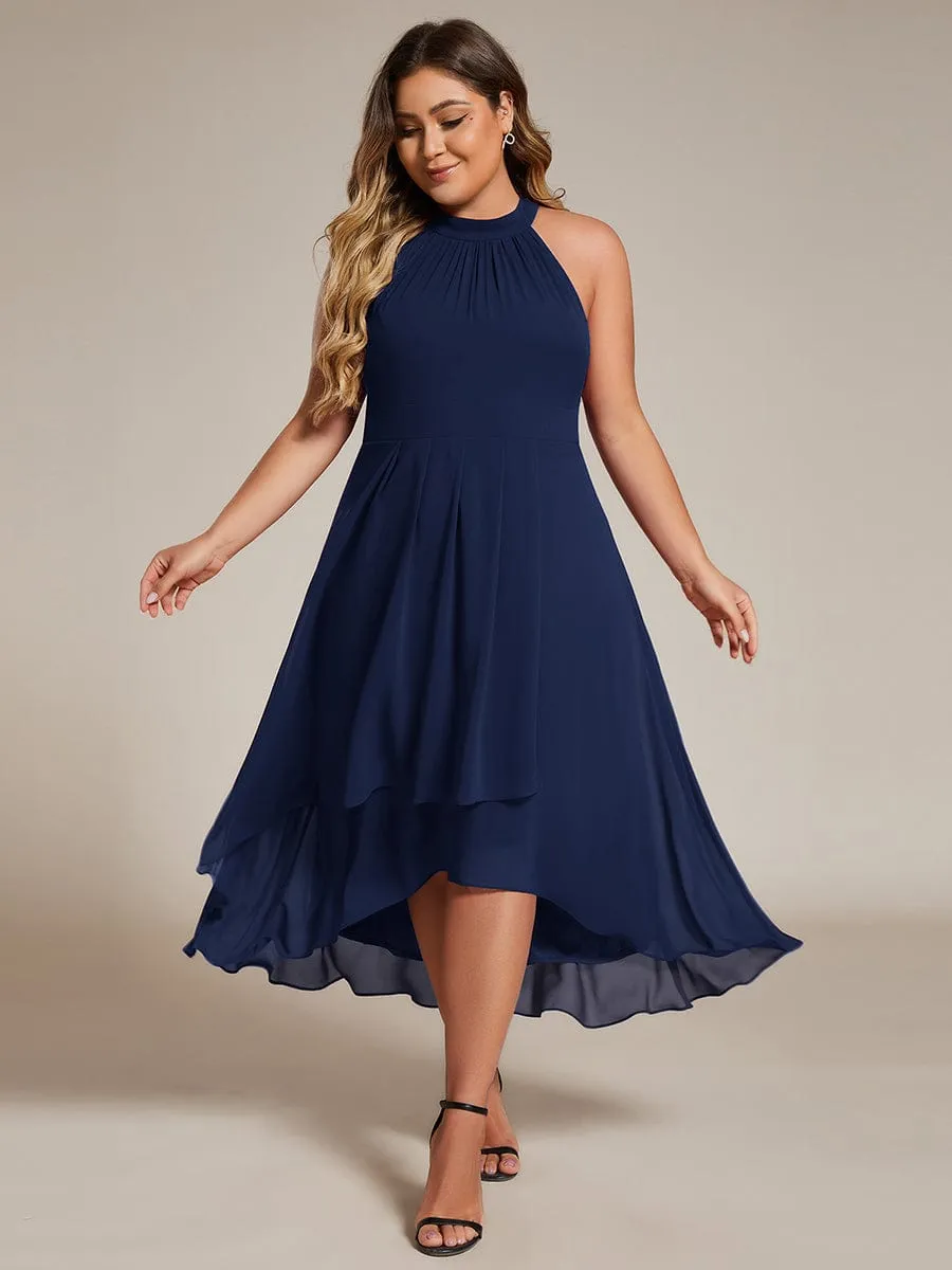 Midi Halter Neck Chiffon Wedding Guest Dress with Sleeveless and A-Line