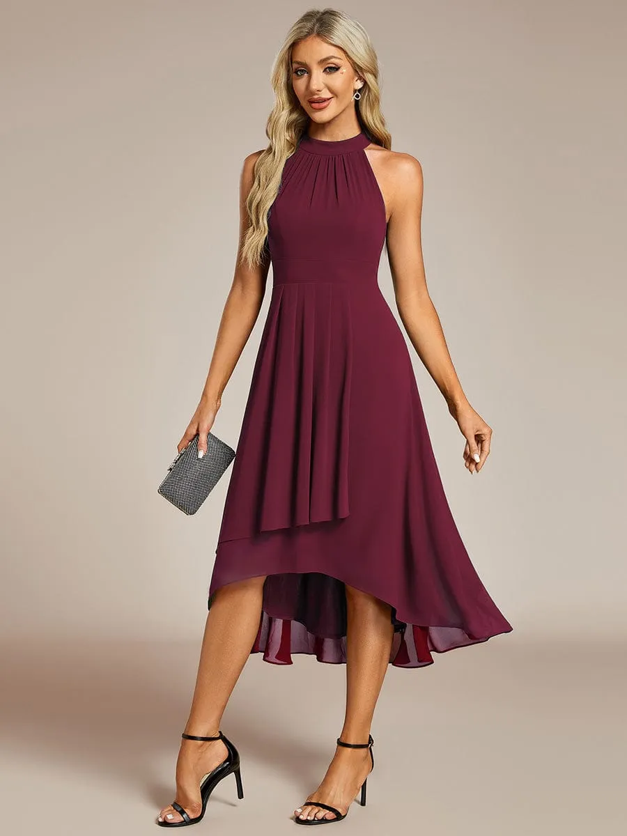 Midi Halter Neck Chiffon Wedding Guest Dress with Sleeveless and A-Line