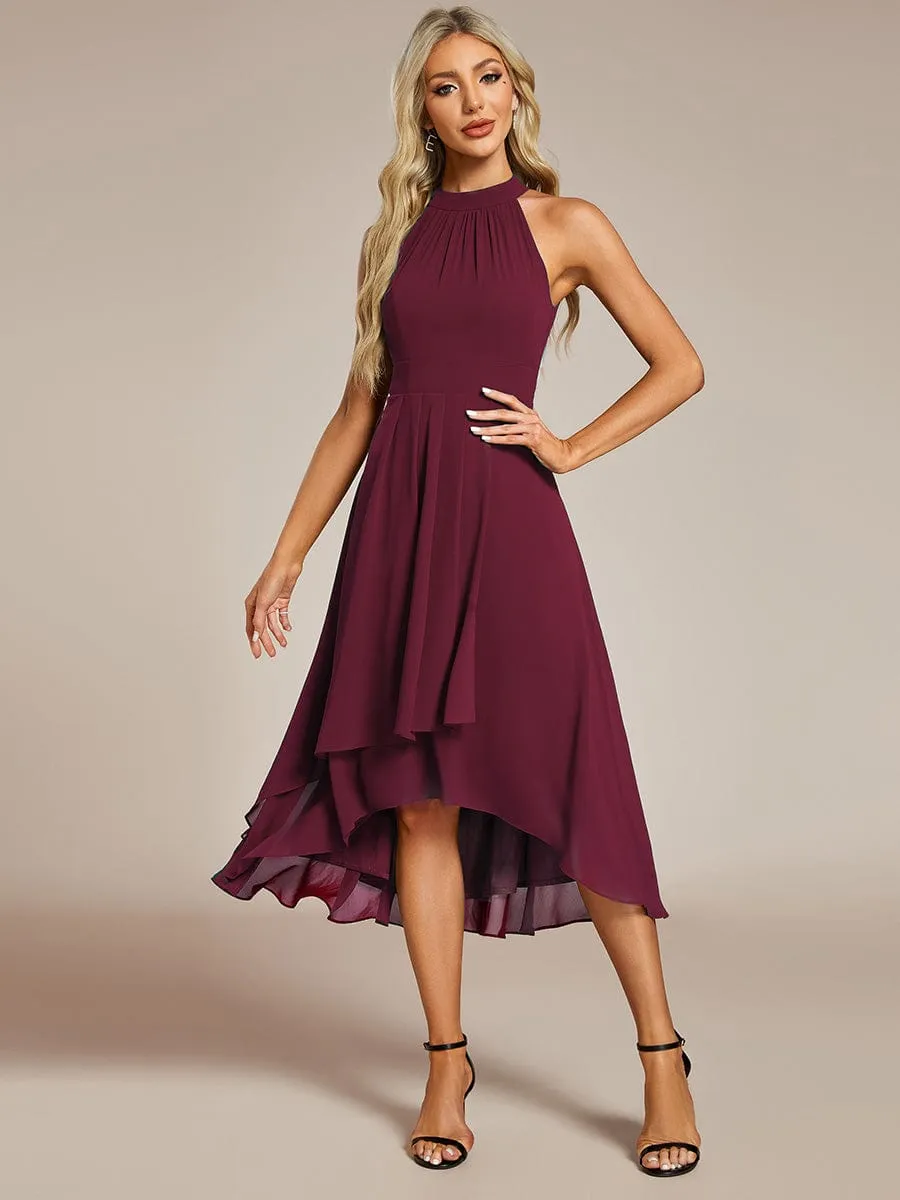 Midi Halter Neck Chiffon Wedding Guest Dress with Sleeveless and A-Line