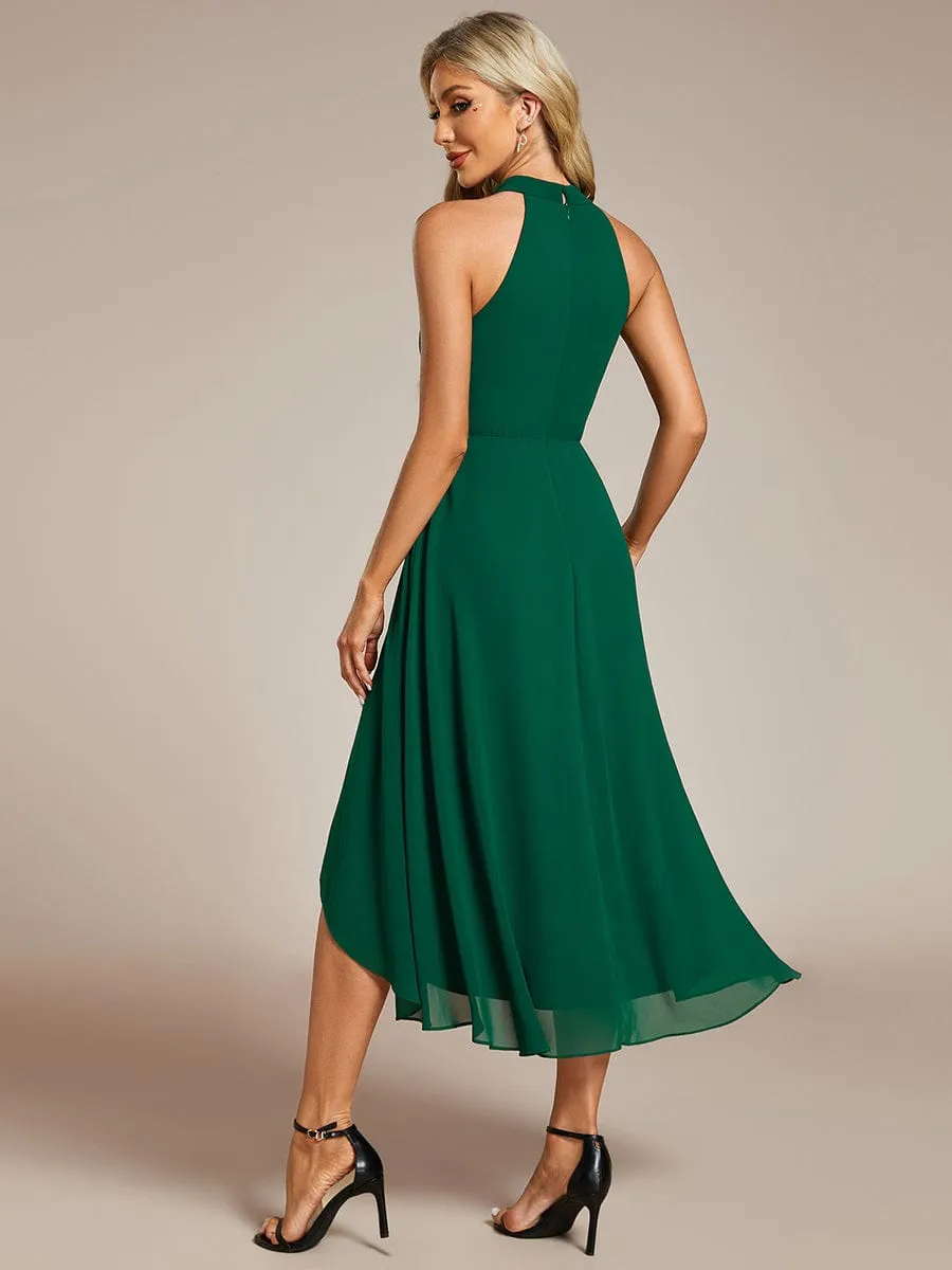 Midi Halter Neck Chiffon Wedding Guest Dress with Sleeveless and A-Line