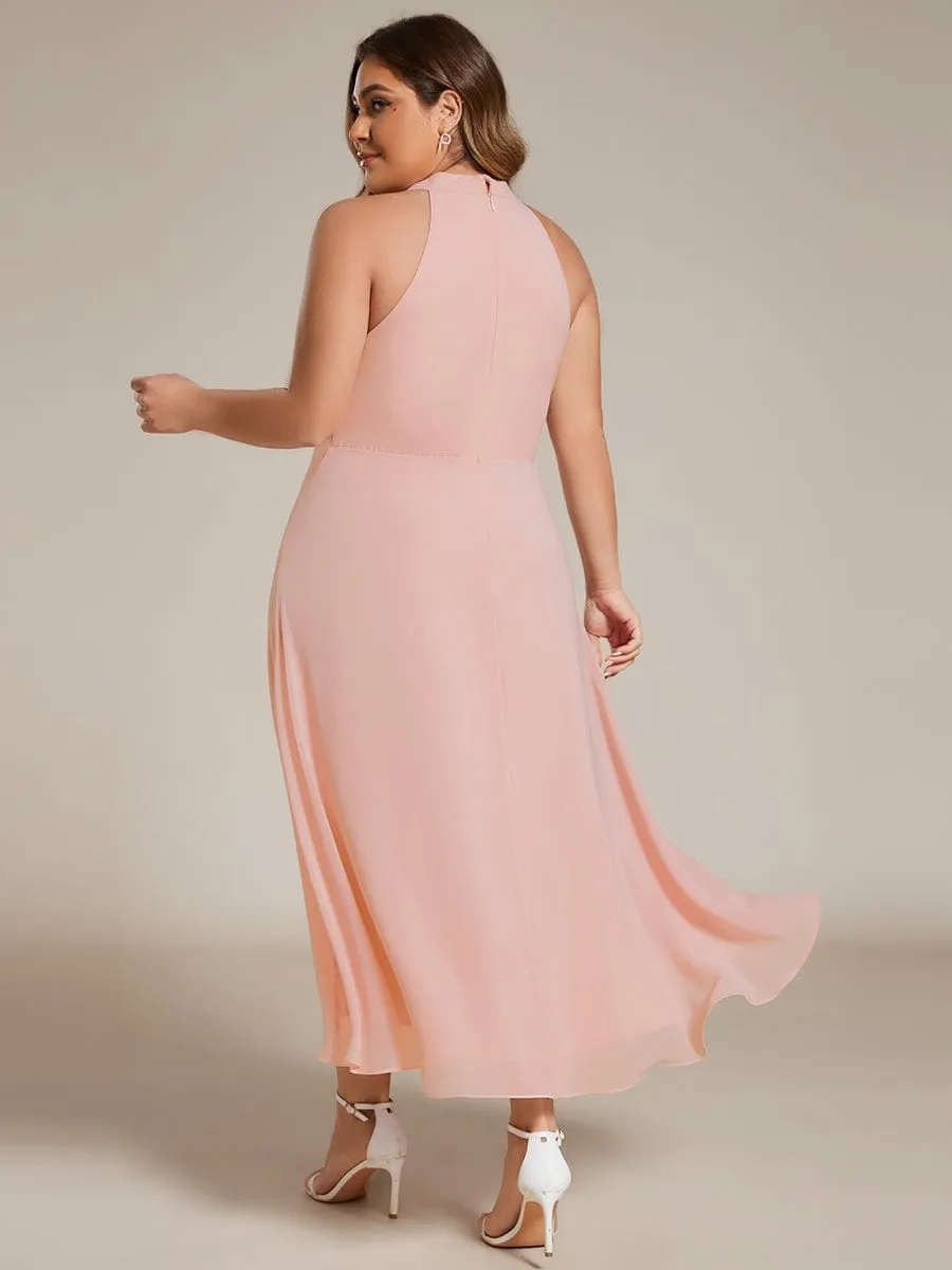 Midi Halter Neck Chiffon Wedding Guest Dress with Sleeveless and A-Line