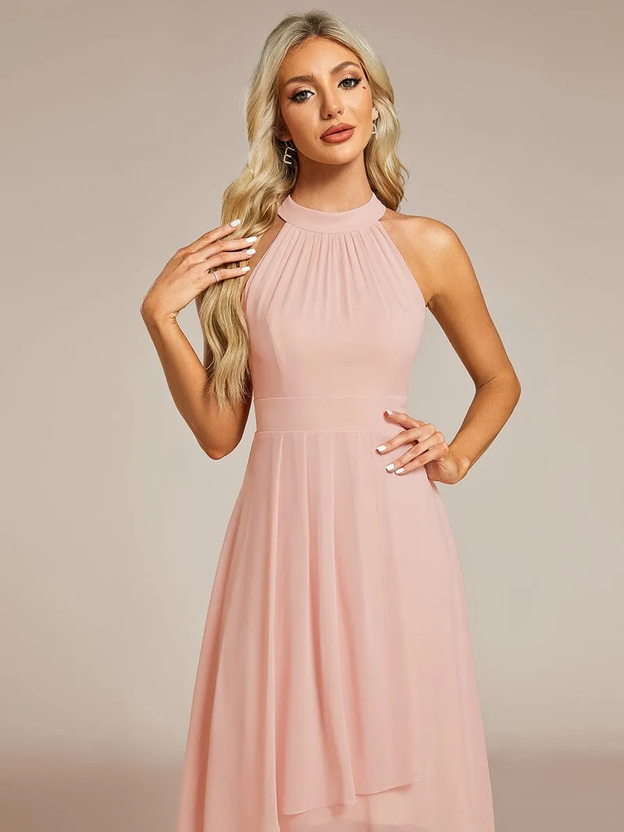 Midi Halter Neck Chiffon Wedding Guest Dress with Sleeveless and A-Line