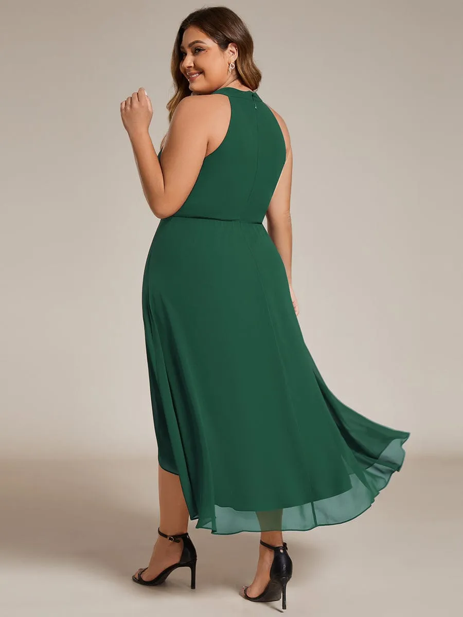 Midi Halter Neck Chiffon Wedding Guest Dress with Sleeveless and A-Line