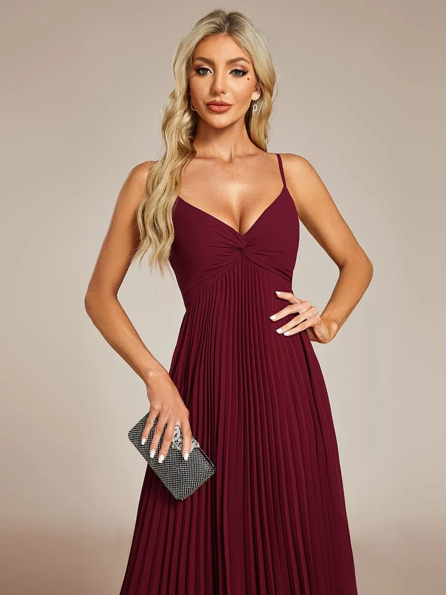 Midi Tiered Pleated V-Neck Wedding Guest Dress Featuring Spaghetti Straps