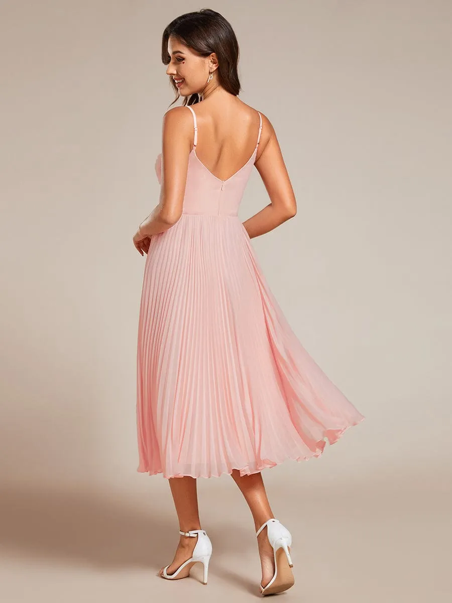 Midi Tiered Pleated V-Neck Wedding Guest Dress Featuring Spaghetti Straps