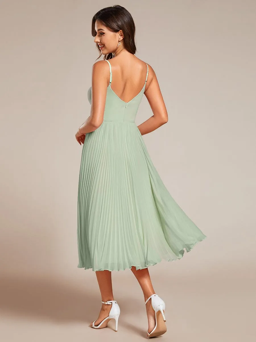 Midi Tiered Pleated V-Neck Wedding Guest Dress Featuring Spaghetti Straps