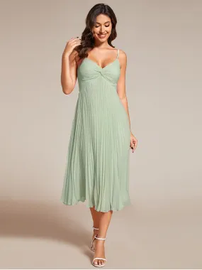 Midi Tiered Pleated V-Neck Wedding Guest Dress Featuring Spaghetti Straps