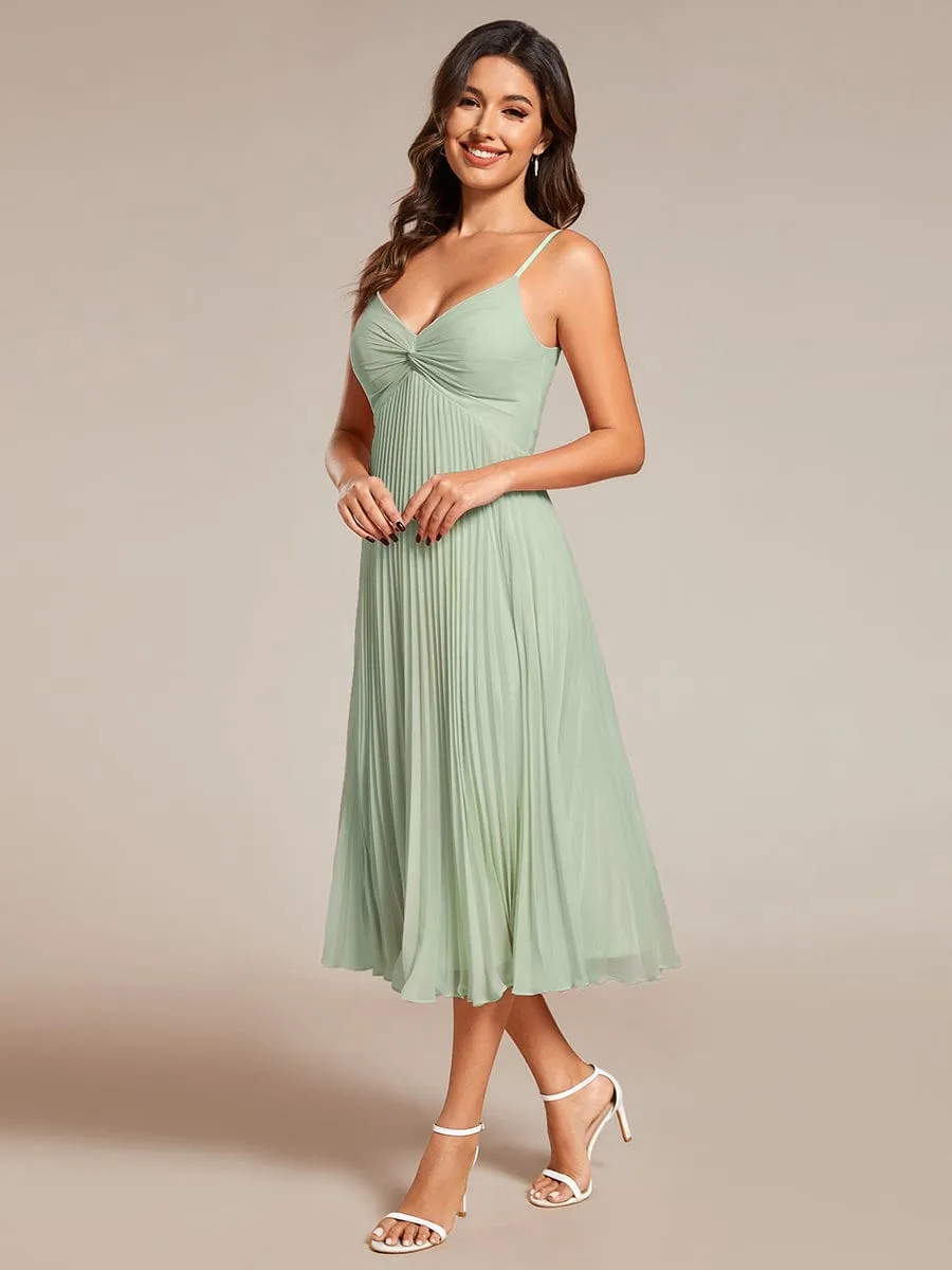 Midi Tiered Pleated V-Neck Wedding Guest Dress Featuring Spaghetti Straps