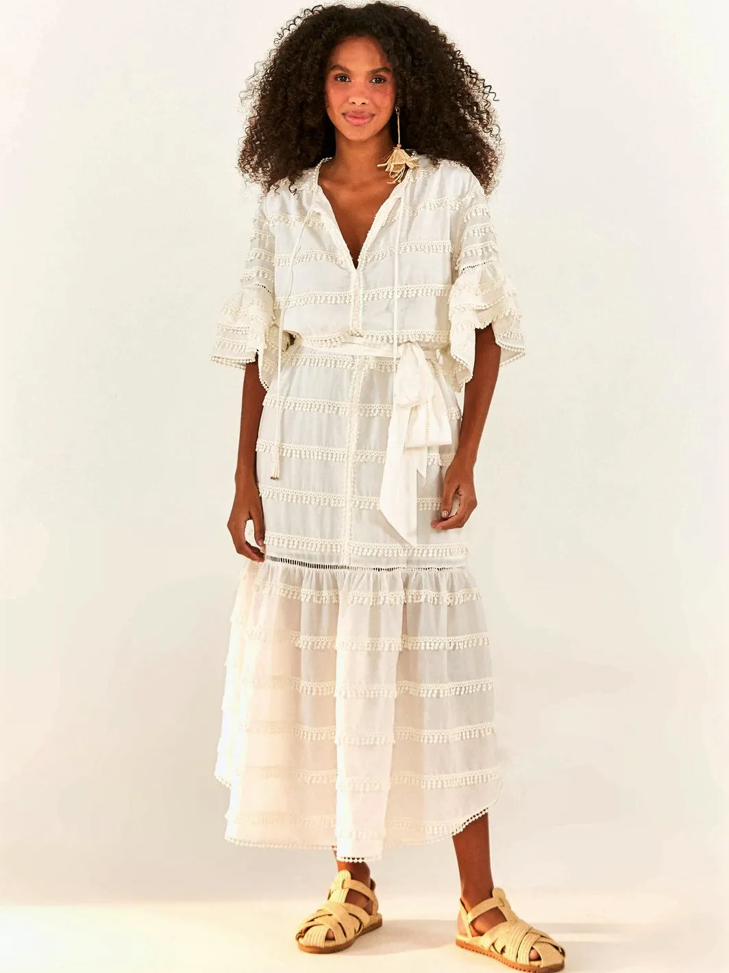 Off-White Embroidered Trim Midi Dress