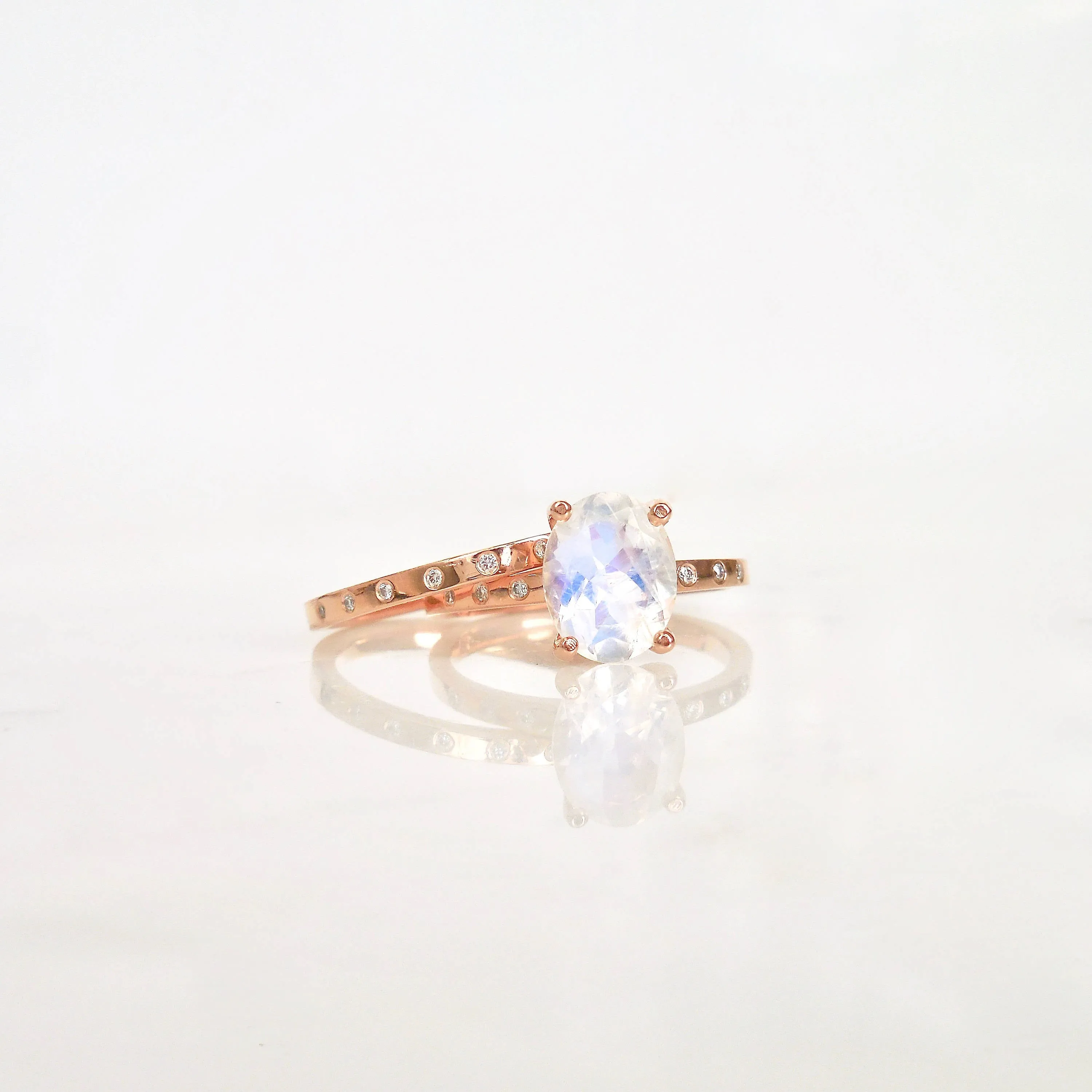 Oval Moonstone and Diamond Engagement Ring   Wedding Band - Moonstone Wedding Set