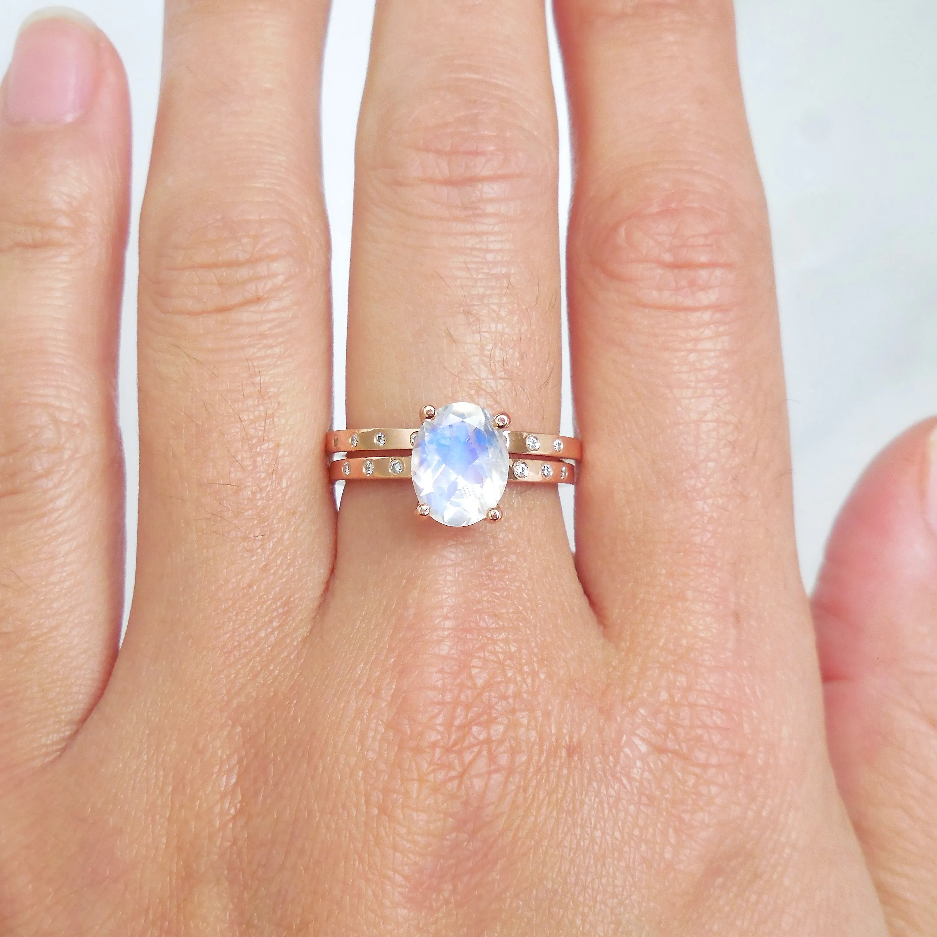 Oval Moonstone and Diamond Engagement Ring   Wedding Band - Moonstone Wedding Set