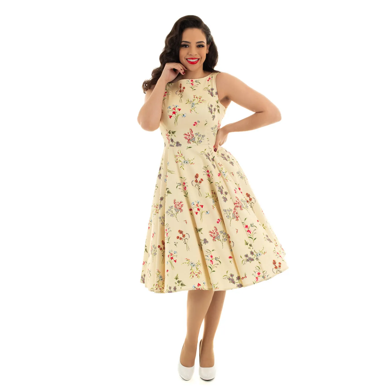 Pale Yellow Floral Print Audrey Swing Dress