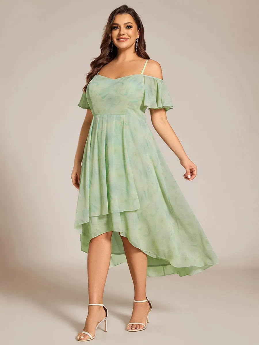 Plus Size Cold Shoulder Sweetheart Necklin Chiffon Midi Wedding Guest Dress