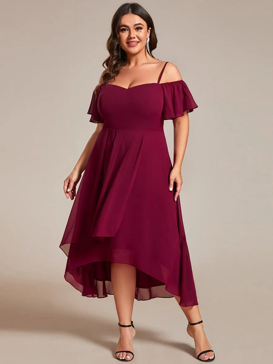 Plus Size Cold Shoulder Sweetheart Necklin Chiffon Midi Wedding Guest Dress