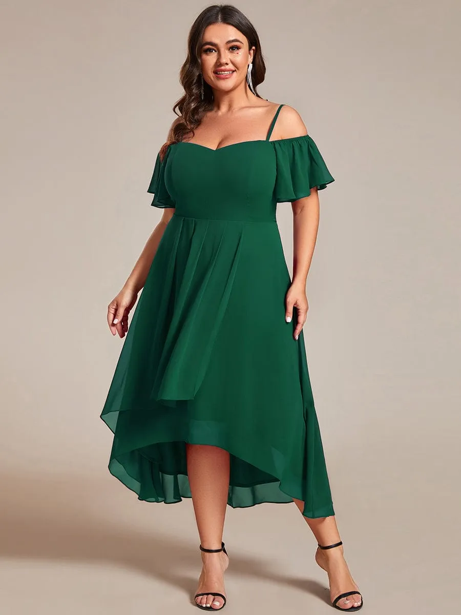 Plus Size Cold Shoulder Sweetheart Necklin Chiffon Midi Wedding Guest Dress