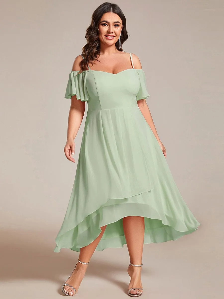 Plus Size Cold Shoulder Sweetheart Necklin Chiffon Midi Wedding Guest Dress