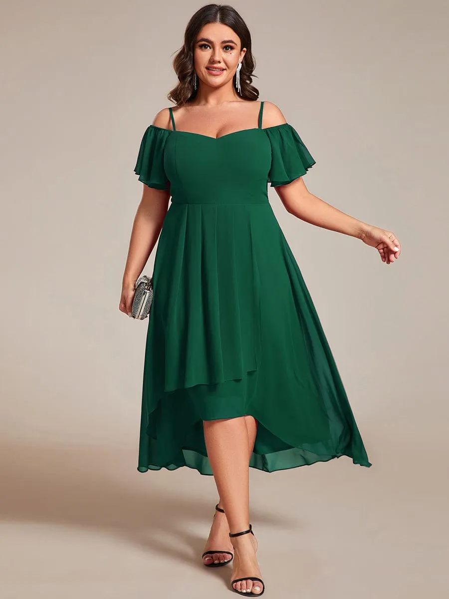 Plus Size Cold Shoulder Sweetheart Necklin Chiffon Midi Wedding Guest Dress