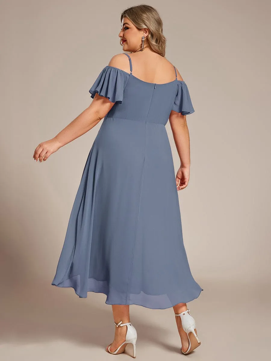 Plus Size Cold Shoulder Sweetheart Necklin Chiffon Midi Wedding Guest Dress