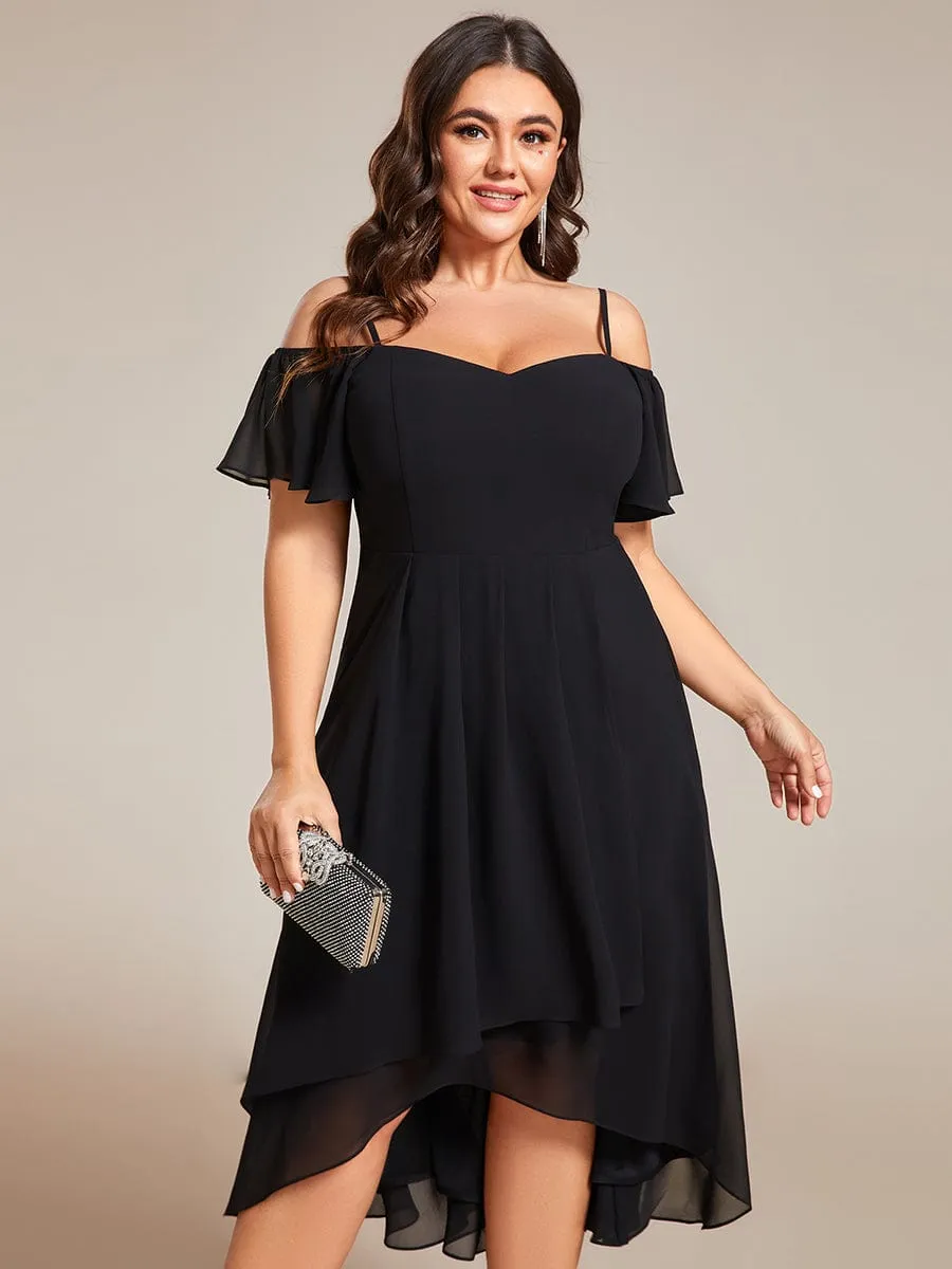 Plus Size Cold Shoulder Sweetheart Necklin Chiffon Midi Wedding Guest Dress