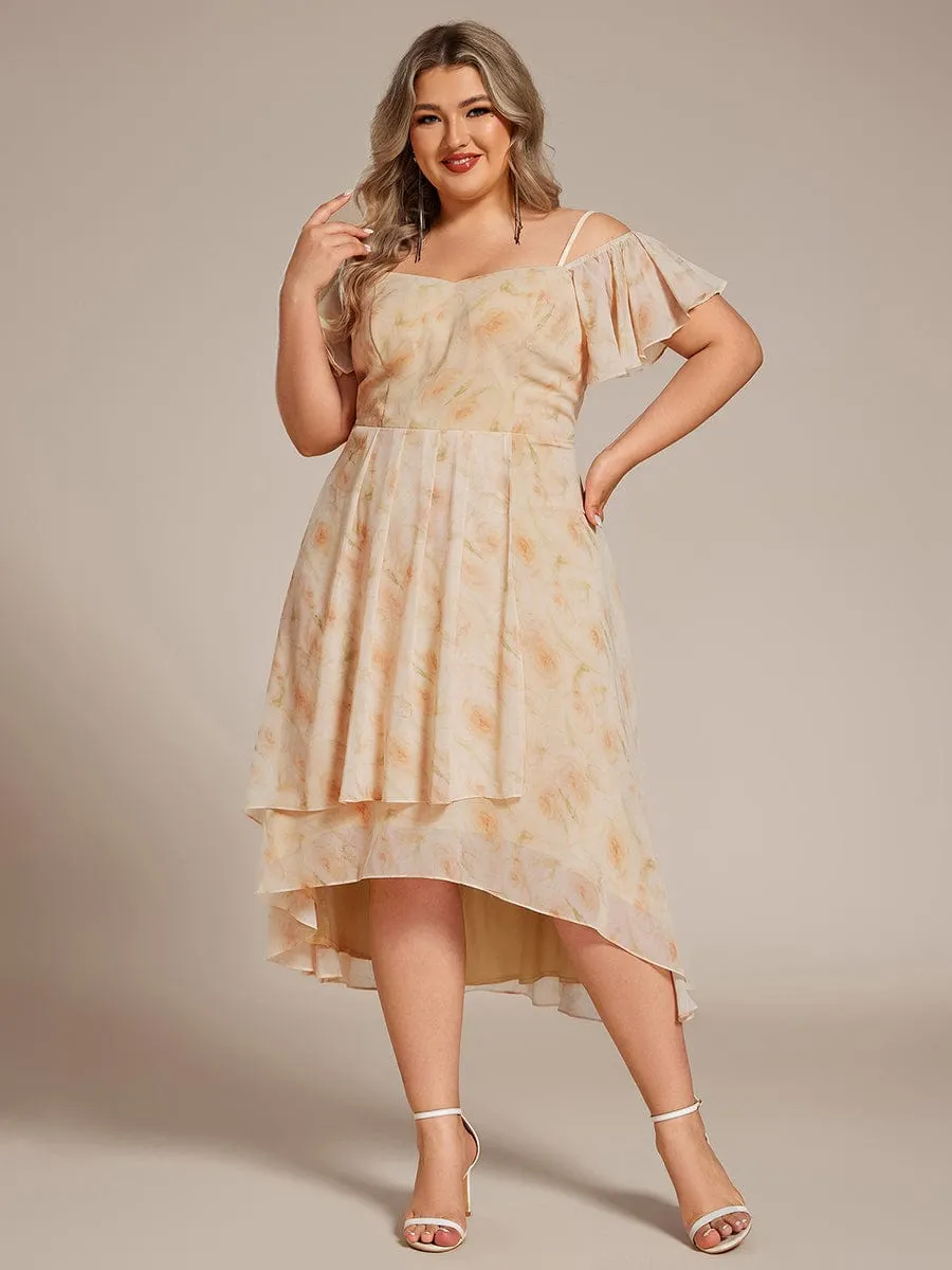 Plus Size Cold Shoulder Sweetheart Necklin Chiffon Midi Wedding Guest Dress