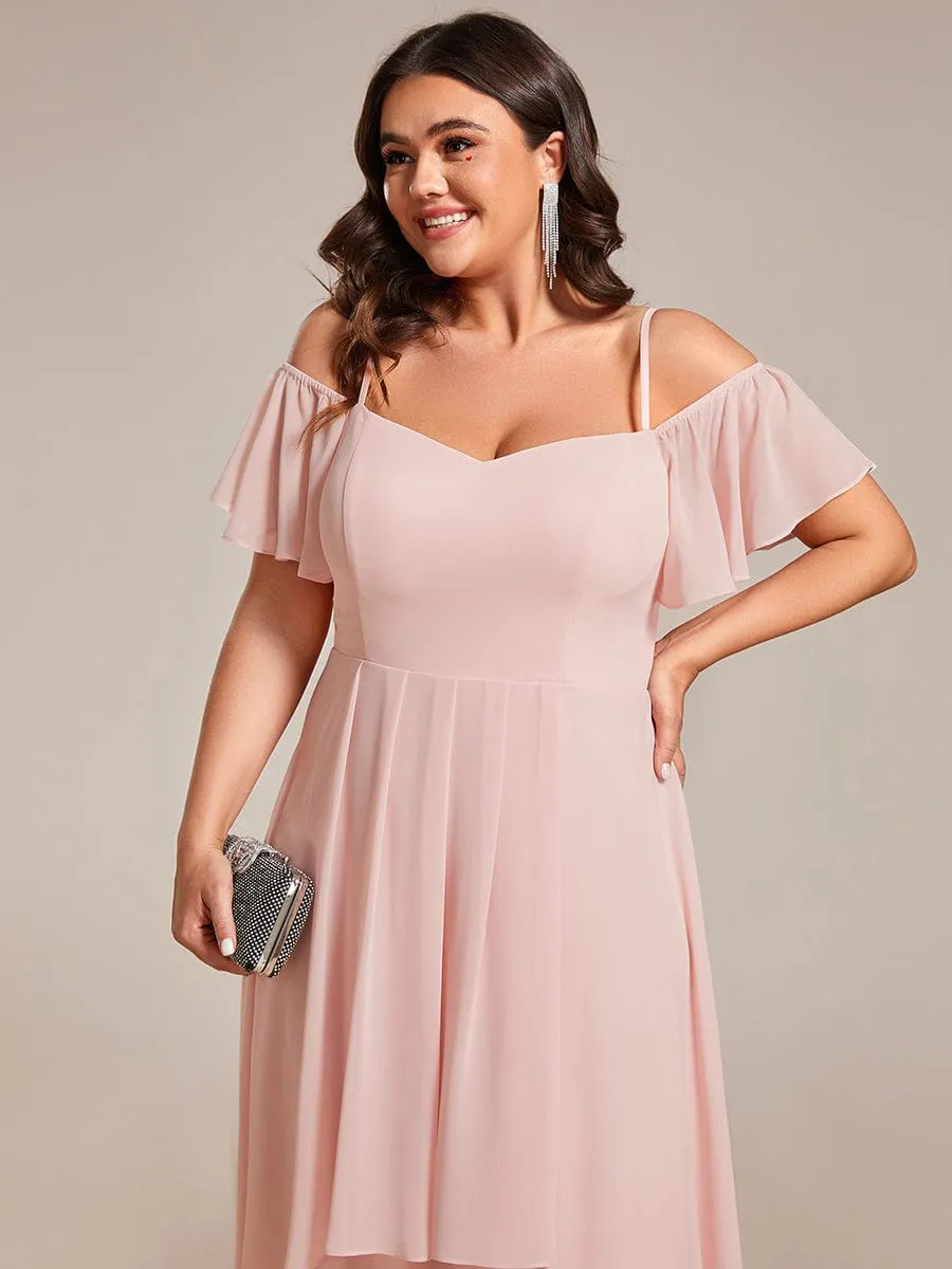 Plus Size Cold Shoulder Sweetheart Necklin Chiffon Midi Wedding Guest Dress