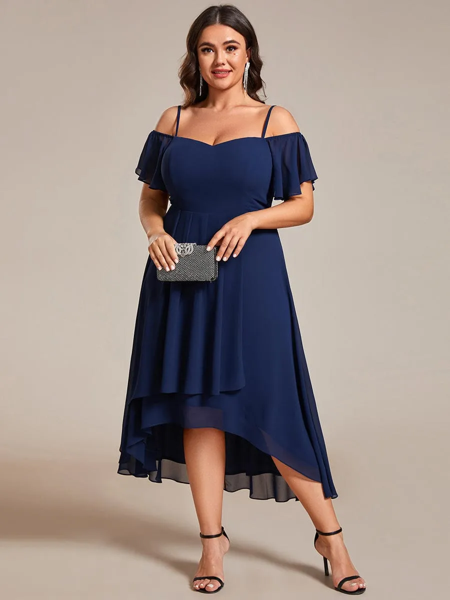 Plus Size Cold Shoulder Sweetheart Necklin Chiffon Midi Wedding Guest Dress