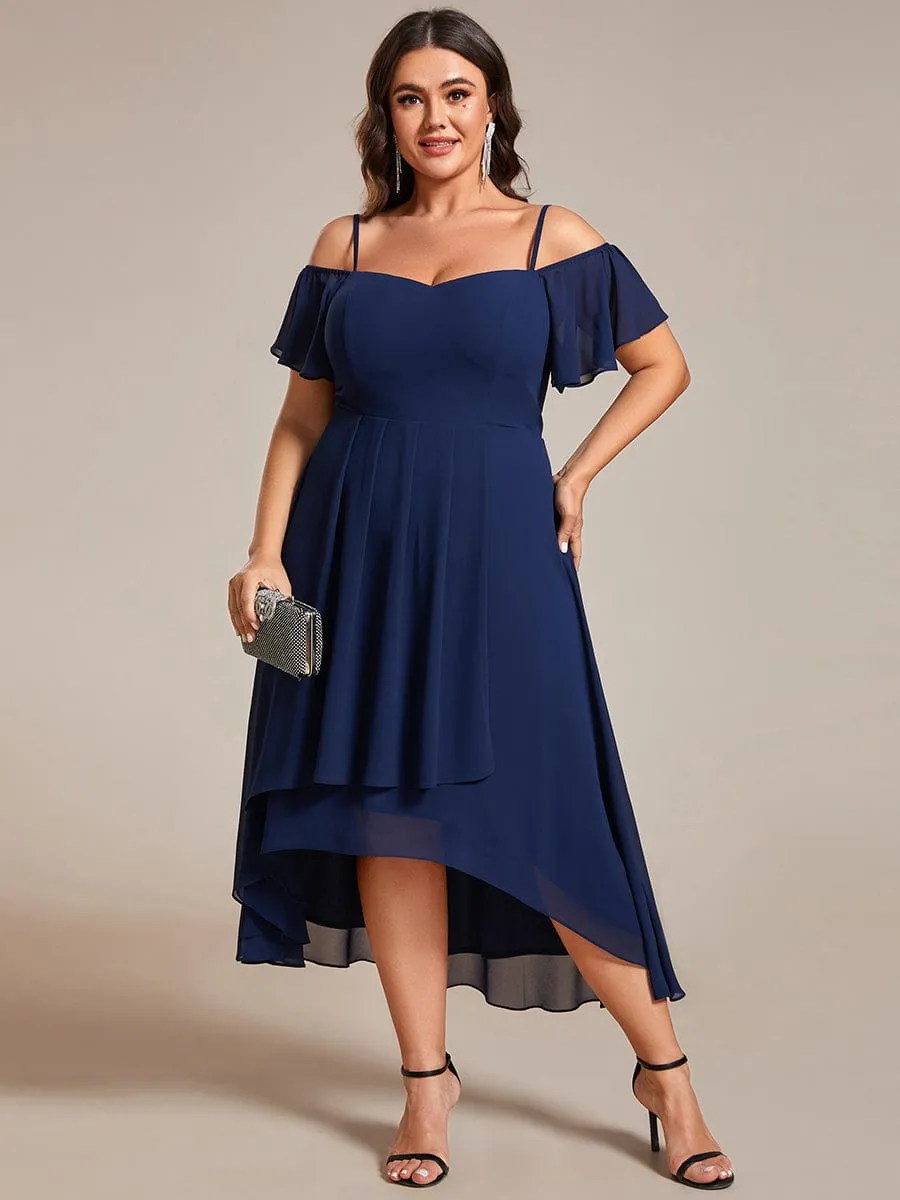 Plus Size Cold Shoulder Sweetheart Necklin Chiffon Midi Wedding Guest Dress