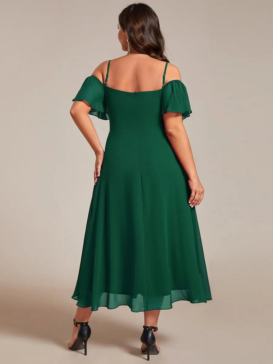 Plus Size Cold Shoulder Sweetheart Necklin Chiffon Midi Wedding Guest Dress