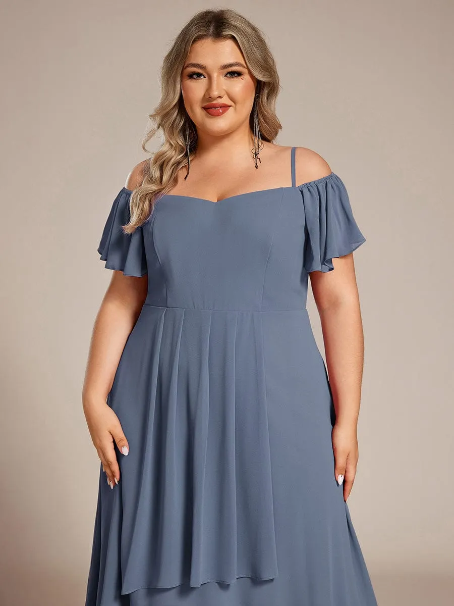 Plus Size Cold Shoulder Sweetheart Necklin Chiffon Midi Wedding Guest Dress