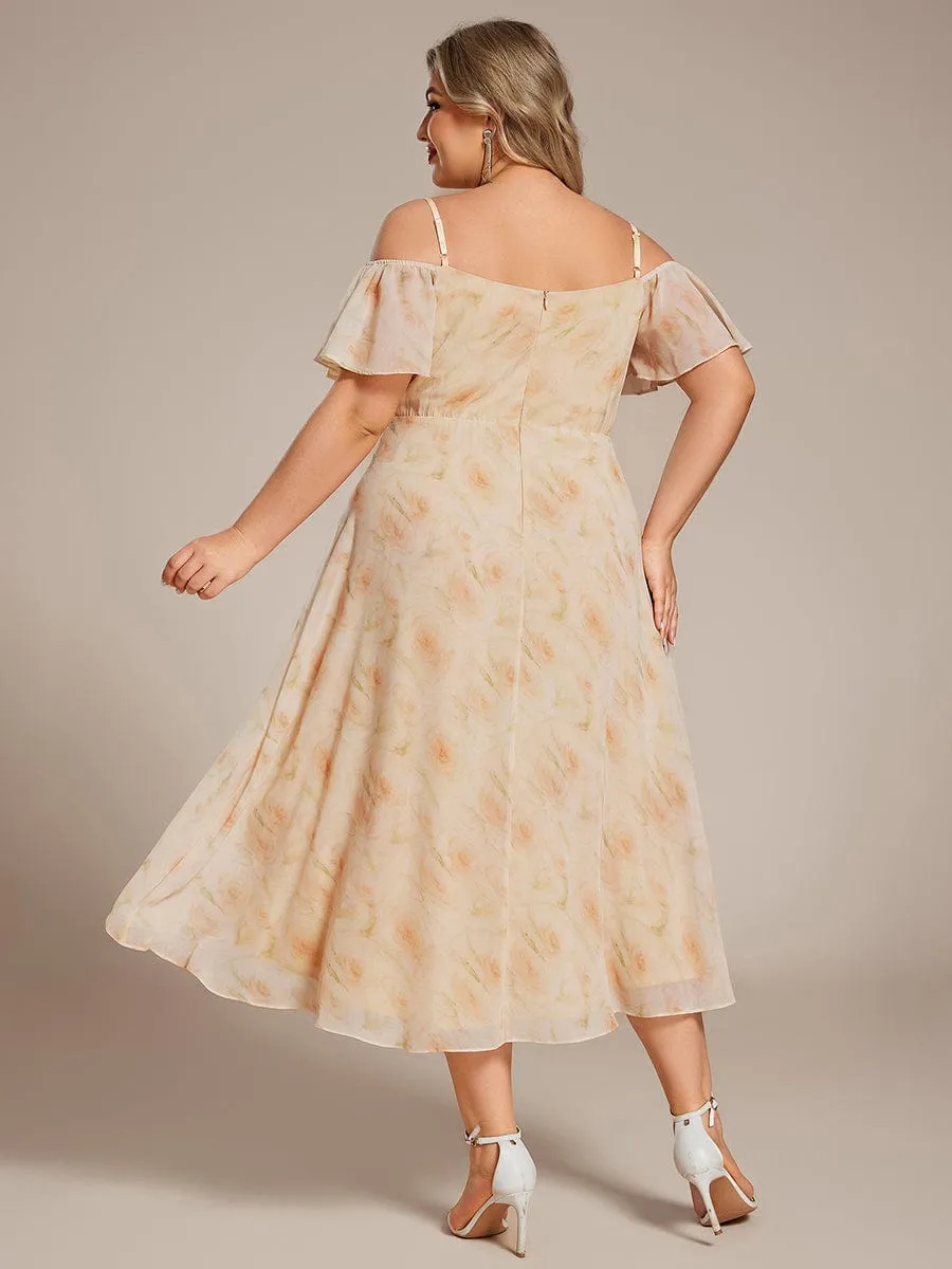 Plus Size Cold Shoulder Sweetheart Necklin Chiffon Midi Wedding Guest Dress